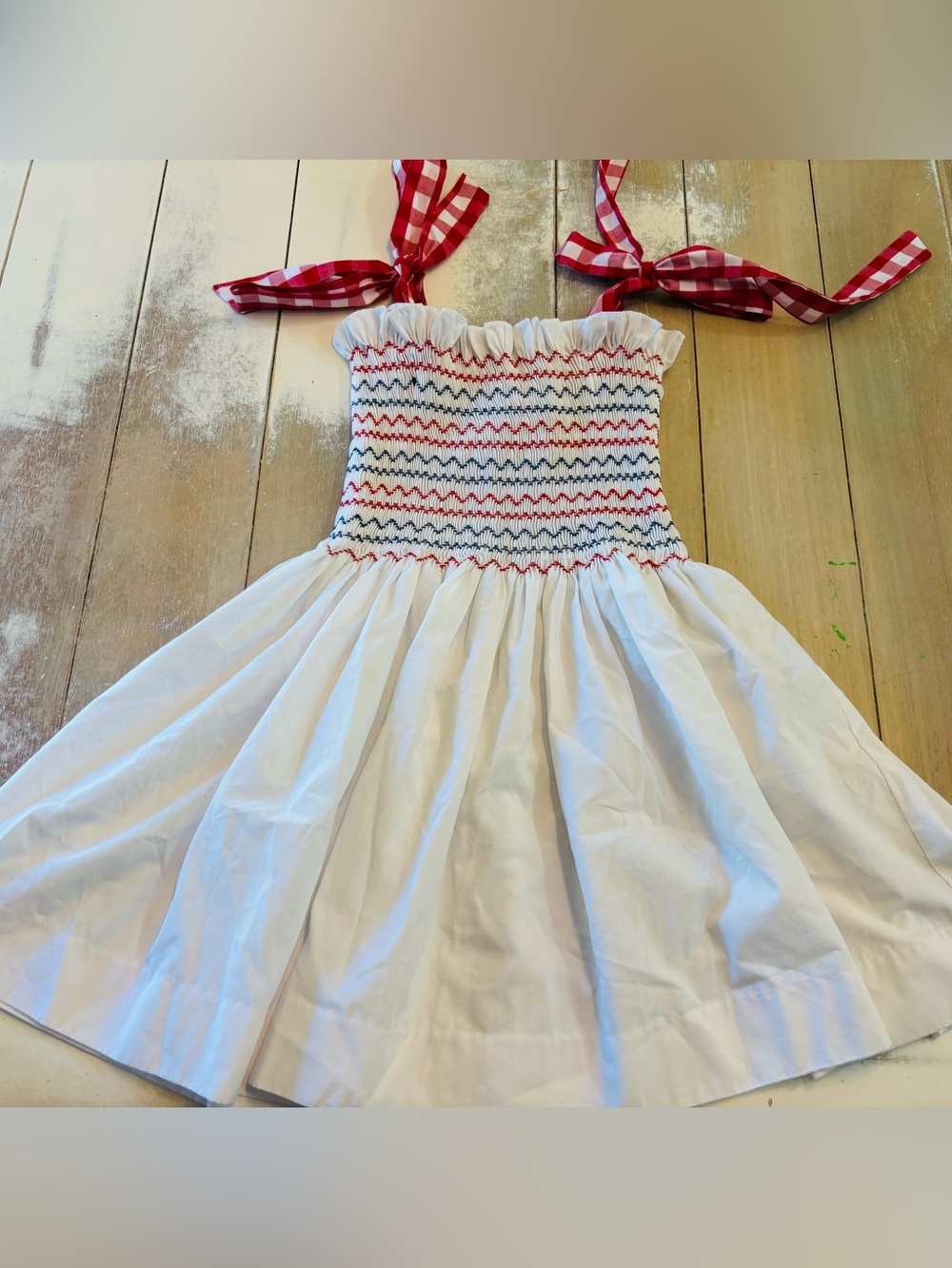 White Smocked Sundress with Red Gingham Ties - Kids